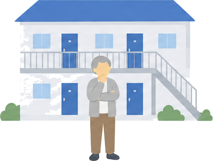 アパートの前で考える大家さんのイラスト