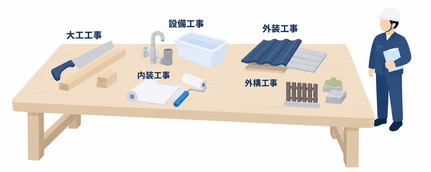 大工工事、設備工事、内装工事、外装工事、外構工事の道具を並べた図
